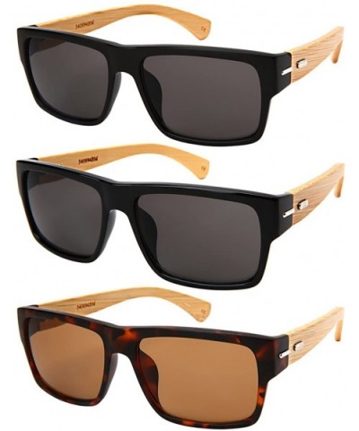 Retro Square Wooden Bamboo Sunglasses 540894BM-SD - Set3 Matte Tortoise/Brown Lens+case - CL18ERSILAS $10.76 Square