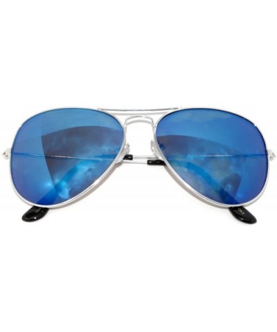 Classic Aviator Style Colored Lens Sunglasses Metal Frame - Silver Frame Blue Mirrored Lens - CQ11T4W4X3H $7.34 Aviator