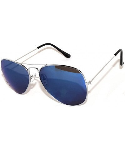 Classic Aviator Style Colored Lens Sunglasses Metal Frame - Silver Frame Blue Mirrored Lens - CQ11T4W4X3H $7.34 Aviator