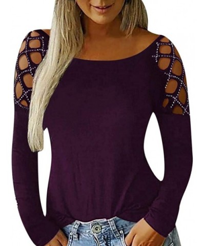 Women's Elegant Lace Tops Hollow Out Long Sleeve Hem Shirt Blouse - Purple B - CG18Z5R60CS $11.09 Sport