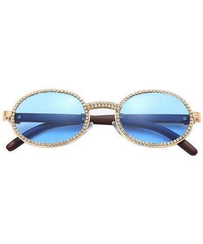 Oval Retro Round Diamond Sunglasses for Men-Women Luxury Glasses Fashion Crystal Wood Eyewear Shades - Gold-blue - CW19044HS0...