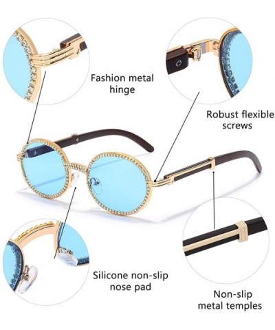 Oval Retro Round Diamond Sunglasses for Men-Women Luxury Glasses Fashion Crystal Wood Eyewear Shades - Gold-blue - CW19044HS0...