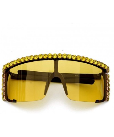 Rhinestone Oversize Shield Visor Sunglasses Flat Top Mirrored Mono Lens - Yellow Mirror - CL19C93LC47 $15.20 Round