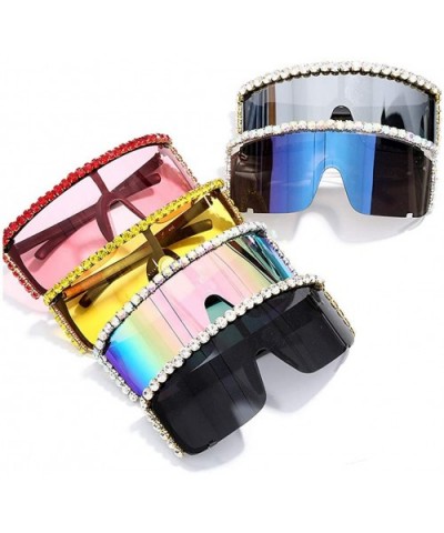 Rhinestone Oversize Shield Visor Sunglasses Flat Top Mirrored Mono Lens - Yellow Mirror - CL19C93LC47 $15.20 Round