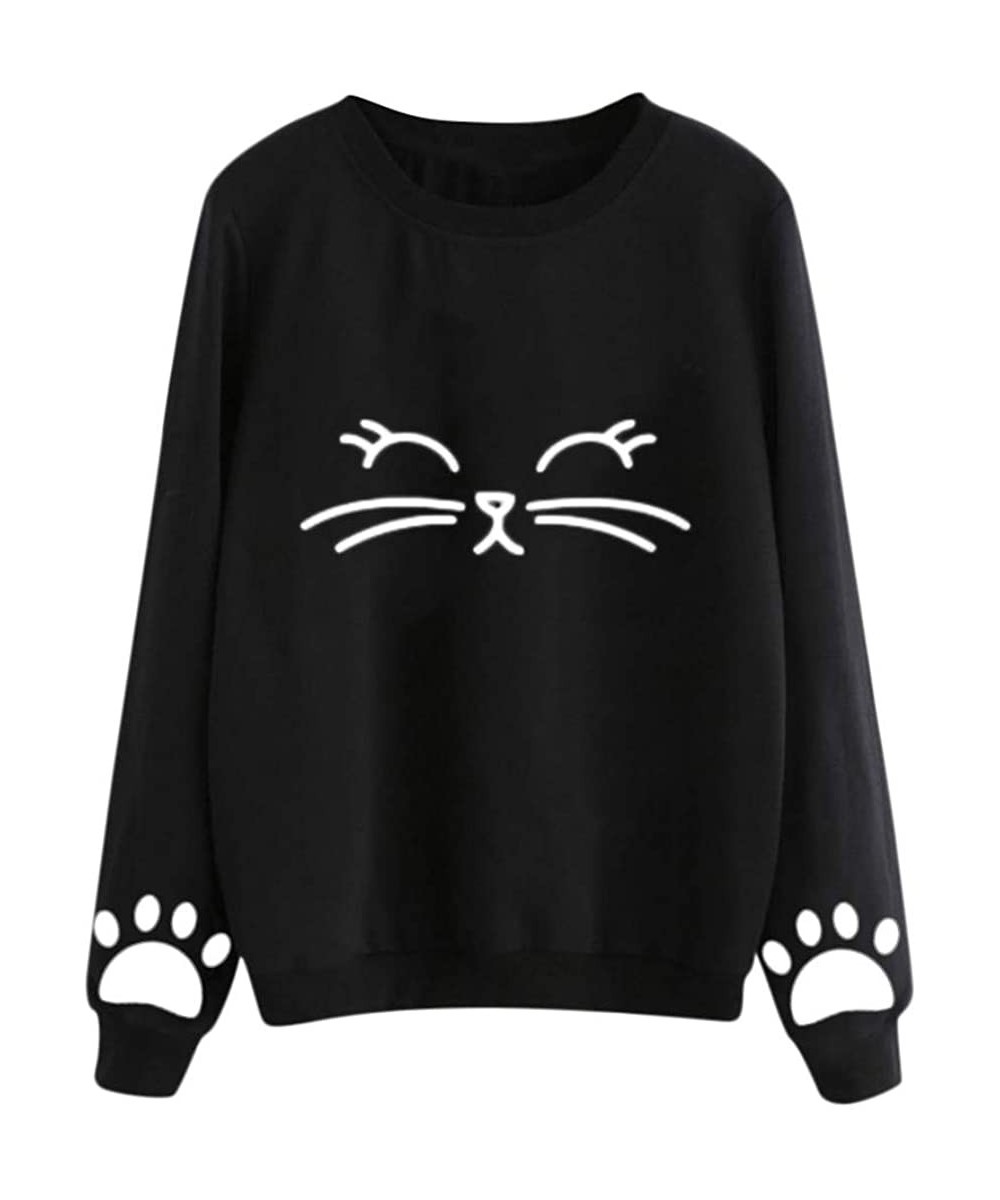 Women Autumn and Winter Cat Weater Round Neck Long Sleeve Regular Blouse Loose Solid Color Soft Comfy Top - Black - CY18NWC04...