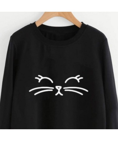 Women Autumn and Winter Cat Weater Round Neck Long Sleeve Regular Blouse Loose Solid Color Soft Comfy Top - Black - CY18NWC04...