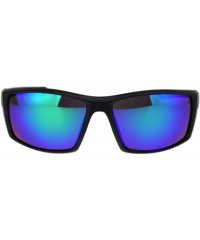 Mens Warp Around Plastic Squared Rectangular Sport Sunglasses - Matte Black Teal Mirror - C918QTHXLUS $7.32 Sport