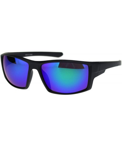 Mens Warp Around Plastic Squared Rectangular Sport Sunglasses - Matte Black Teal Mirror - C918QTHXLUS $7.32 Sport