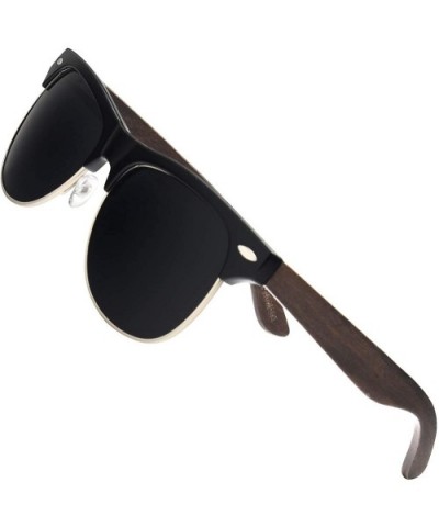 Bamboo Wood Semi Rimless Sunglasses with Polarized Lenses in Original Boxes - Ebony - CS1855M7N28 $25.26 Rimless