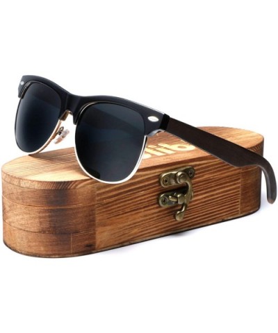 Bamboo Wood Semi Rimless Sunglasses with Polarized Lenses in Original Boxes - Ebony - CS1855M7N28 $25.26 Rimless