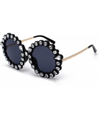 Women Big Rhinestone Sunglasses Oversized Round Flower Shape - Black - C618SO6C2SD $9.39 Round