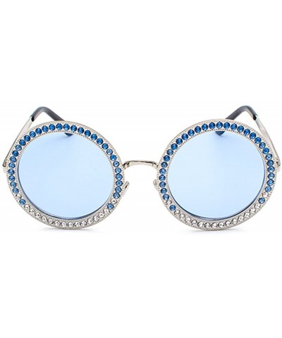 New Women's Oversized Round Siamond Sunglasses Metal Frame Polycarbonate lens Sunglasses - Silver Blue - CK18TUUMNX7 $6.64 Oval