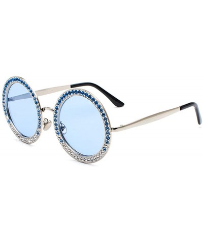 New Women's Oversized Round Siamond Sunglasses Metal Frame Polycarbonate lens Sunglasses - Silver Blue - CK18TUUMNX7 $6.64 Oval