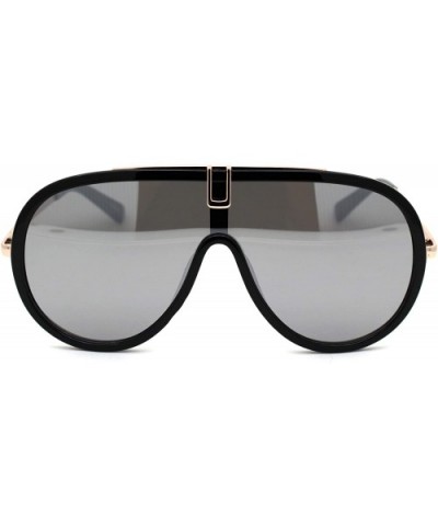 Retro Shield Plastic Racer Fashion Sunglasses - Black Gold Silver Mirror - CK18XUSKDD6 $8.25 Shield