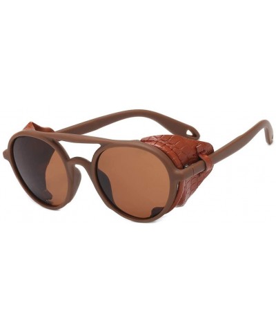 Fashion Retro Round Steampunk Sunglasses Women Men Leather Side Shield Male Sun Glasses Windproof Goggles Eyewear - CE18XA7XL...