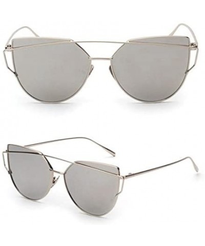 Cat Eye Mirrored Flat Lenses Street Fashion Vintage Metal Frame Sunglasses For Men/Women - Silver - CQ194Q3ZDUI $6.90 Round