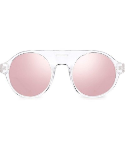 Polarized Sunglasses Men Women Flat Top Round Plastic Driving Glasses - Clear Frame / Polarized Mirror Pink Lens - CT192SDR6G...