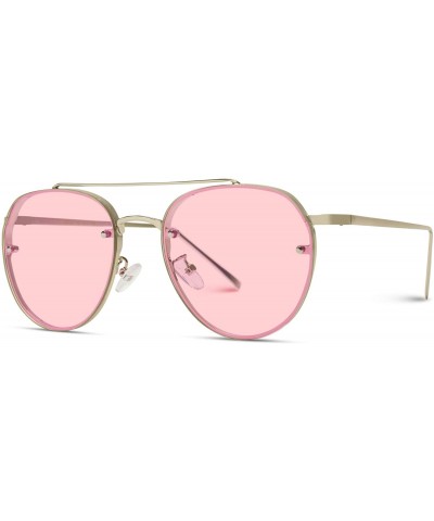 New Round Aviator Design Metal Frame Designer Inspired Sunglasses - Silver Frame/Tinted Pink Lens - CZ184XLC5UR $10.96 Rimless