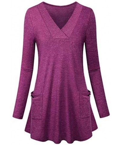 Women Spring Autumn Casual Long Sleeve Slim Flare Hem Tunic Top Pullover Blouses with Side Pockets - Purple - C618LR09M27 $8....