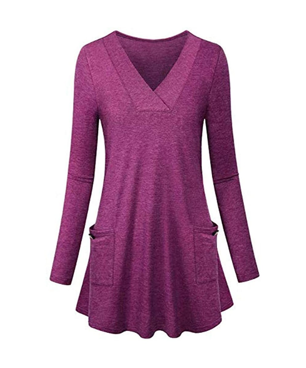 Women Spring Autumn Casual Long Sleeve Slim Flare Hem Tunic Top Pullover Blouses with Side Pockets - Purple - C618LR09M27 $8....