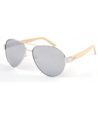 Men Women Aviator Polarized Wood Sunglasses UV400 - Silver Frame Silver Lens - CT18369N5C2 $11.58 Oversized