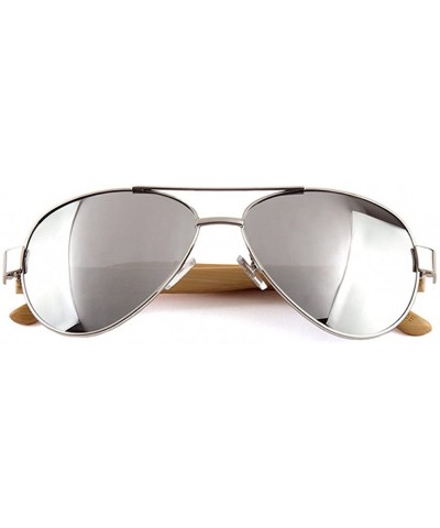 Men Women Aviator Polarized Wood Sunglasses UV400 - Silver Frame Silver Lens - CT18369N5C2 $11.58 Oversized