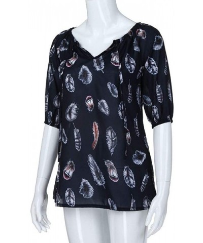 Women's Round Neck 3/4 Sleeve Floral Print Hem Shirt Plus Size Top Feather Print Blouse - Navy - CF18U3D7M4E $10.13 Round