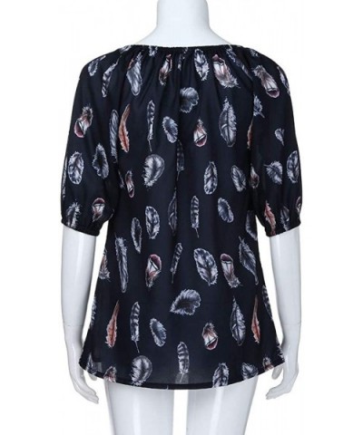 Women's Round Neck 3/4 Sleeve Floral Print Hem Shirt Plus Size Top Feather Print Blouse - Navy - CF18U3D7M4E $10.13 Round