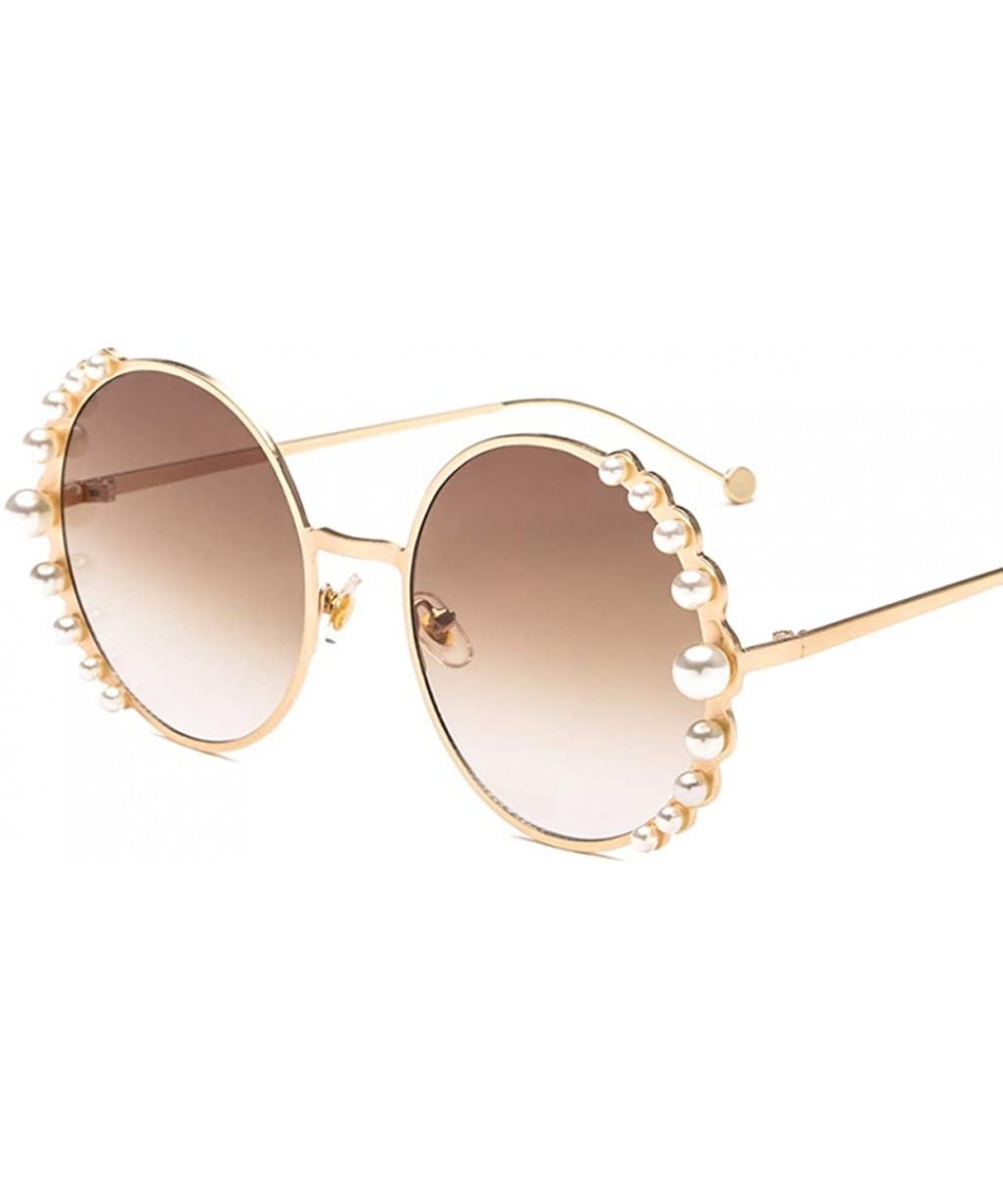 UV400 Pearl Sunglasses Women Metal Frame Round Sunglasses Mirror Pearl Sun Glasses - Gold-tea - CH18U23WTKW $23.43 Aviator