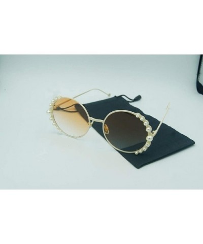 UV400 Pearl Sunglasses Women Metal Frame Round Sunglasses Mirror Pearl Sun Glasses - Gold-tea - CH18U23WTKW $23.43 Aviator