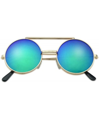 Metal Round Retro Boho Transparent Colored Mirrored Steampunk Flip Up Glasses Sunglasses - Gold - Midnight Green - CX12N4V2IP...