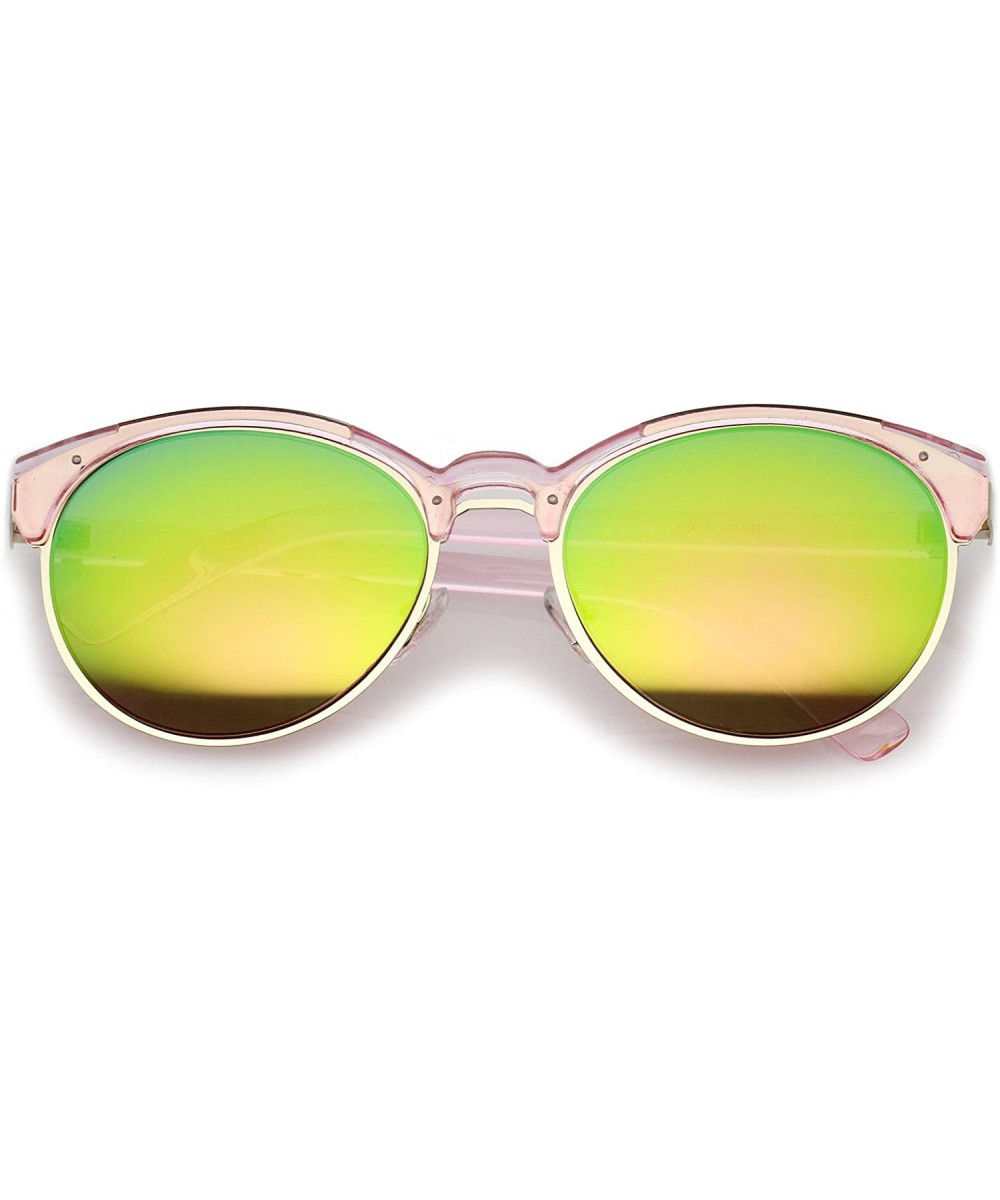 Double Nose Bridge Metal Trim Mirror Lens Round Cat Eye Sunglasses 55mm - Pink-gold / Green Mirror - CU12NZA4AKZ $6.30 Cat Eye