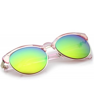 Double Nose Bridge Metal Trim Mirror Lens Round Cat Eye Sunglasses 55mm - Pink-gold / Green Mirror - CU12NZA4AKZ $6.30 Cat Eye