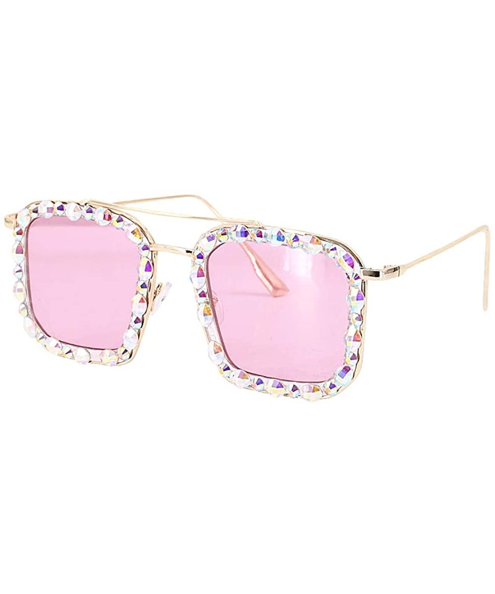 Oversized Rhinestone Aviator Sunglasses for Women Diamond Shades - Pink Lens/Diamond - CY19CG4Z60M $14.46 Round