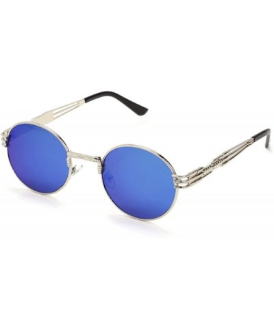 Men's Women's Round Retro Steampunk Sunglasses Shades - Blue Lens- Silver Frame - C318DAZM7X4 $8.15 Round