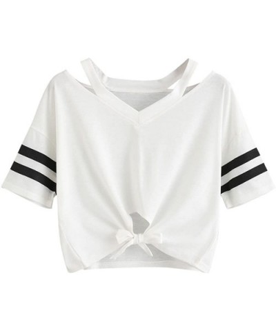 Short T-Shirt Short Sleeve Summer Women Tops Ladies Crop V Neck Casual Tops Front Knotted Hem Blouse - White - CA18RYA9EIZ $7...