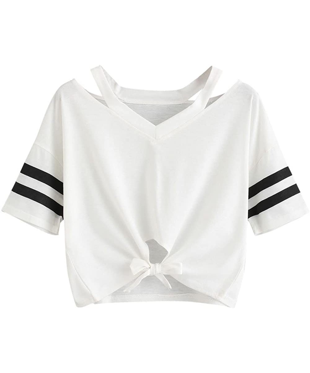 Short T-Shirt Short Sleeve Summer Women Tops Ladies Crop V Neck Casual Tops Front Knotted Hem Blouse - White - CA18RYA9EIZ $7...