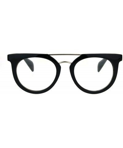 Vintage Style Flat Top Nerdy Metal Bridge Horn Rim Clear Lens Glasses - Shiny Black - C8182G33SM4 $5.44 Round