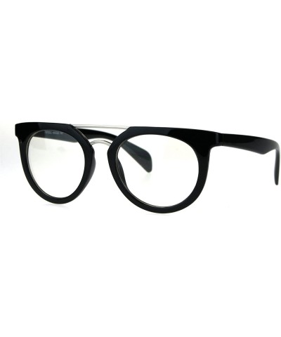 Vintage Style Flat Top Nerdy Metal Bridge Horn Rim Clear Lens Glasses - Shiny Black - C8182G33SM4 $5.44 Round