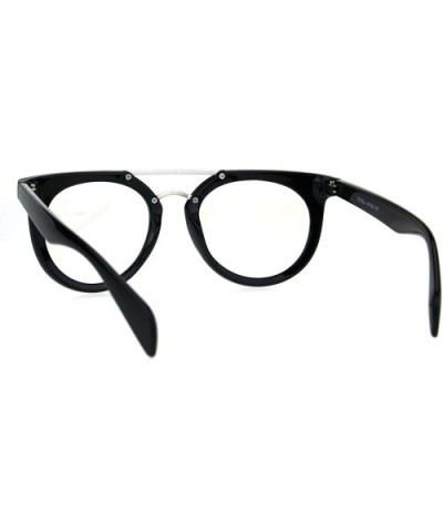 Vintage Style Flat Top Nerdy Metal Bridge Horn Rim Clear Lens Glasses - Shiny Black - C8182G33SM4 $5.44 Round