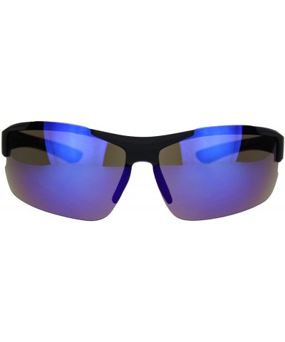 Mens Minimal Baseball Half Rim Warp Around Sport Plastic Sunglasses - Black Blue Mirror - C218QQGU32C $6.22 Sport