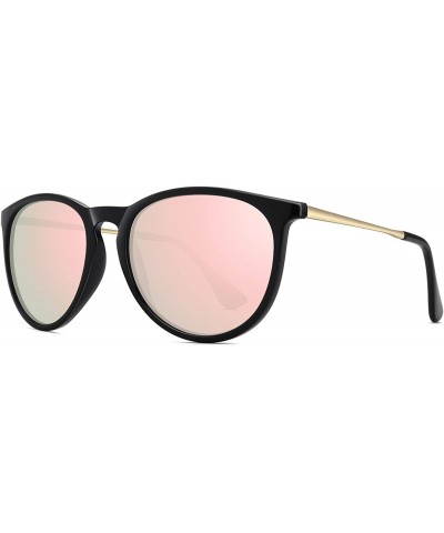 Polarized Sunglasses for Women Vintage Retro Round Mirrored Lens - Black Frame Light Pink Mirror Lens - C318RAKSE9L $10.29 Sq...
