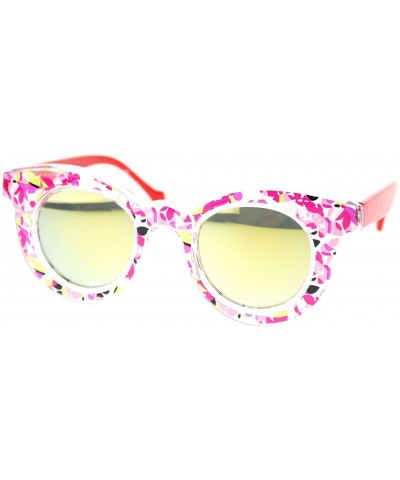 Flower Floral Print Womens Sunglasses Round Horn Rim Mirror Lens - Red - CD11TJEL7EX $7.52 Round