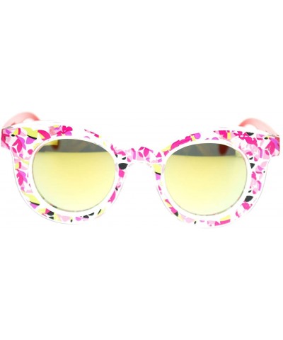 Flower Floral Print Womens Sunglasses Round Horn Rim Mirror Lens - Red - CD11TJEL7EX $7.52 Round