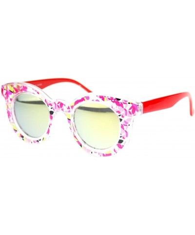 Flower Floral Print Womens Sunglasses Round Horn Rim Mirror Lens - Red - CD11TJEL7EX $7.52 Round