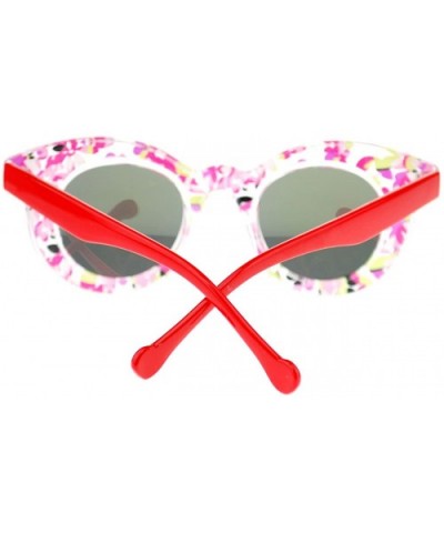 Flower Floral Print Womens Sunglasses Round Horn Rim Mirror Lens - Red - CD11TJEL7EX $7.52 Round