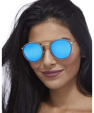 Premium Round Sunglasses For Women/Men Polarized Lens UV400 Protection - Double Bridge-blue Lens - CZ18GO585A2 $18.35 Aviator