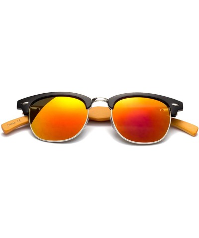 "Copter Flash" Vintage Design Fashion Sunglasses Real Bamboo - Black/Silver/Orange - CA12M1OCNY5 $10.66 Round