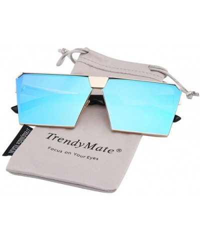 TrendyMate-Womens Men Reflective Mirror Large Square Metal Rimmed Sunglasses Unisex - Gold Blue - CJ18337AG0A $7.68 Square