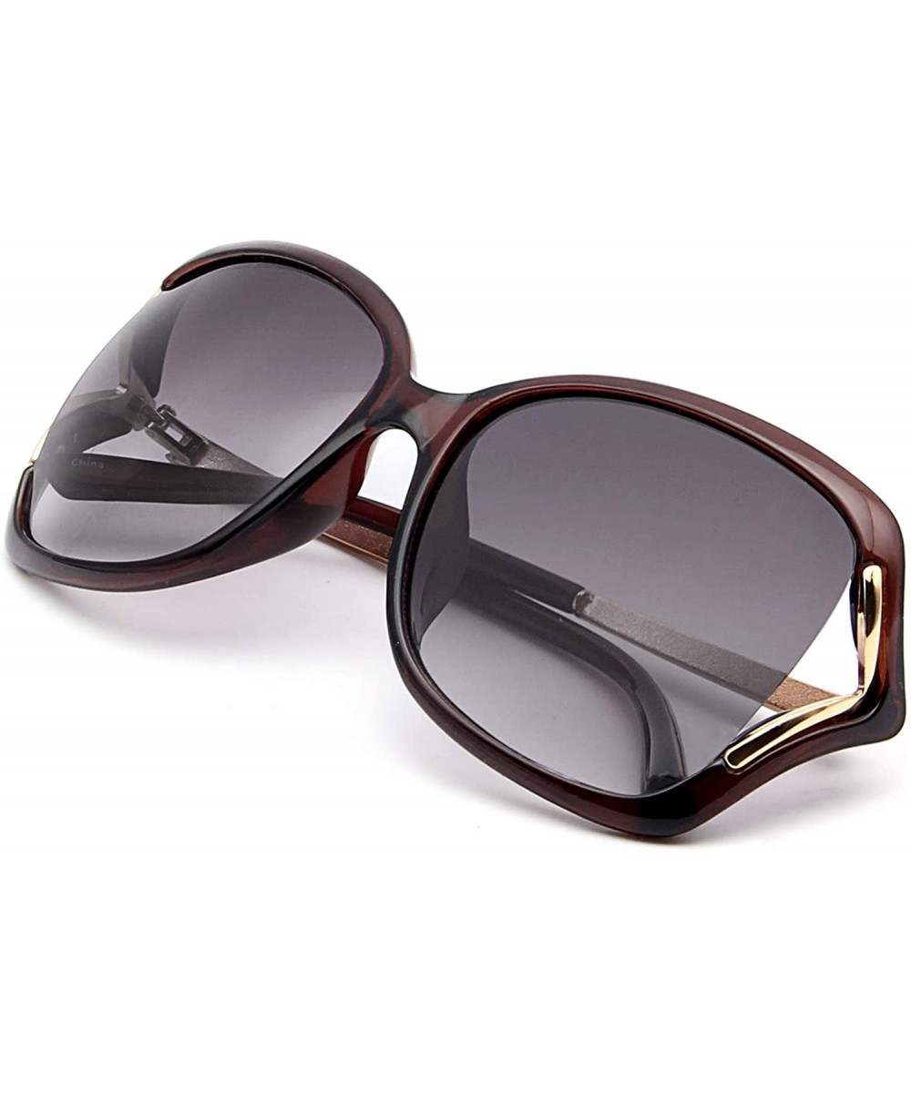 Classic Oversized Sunglasses for Women Vintage Big Frame Elegant Gold Temple with Leather Decoration - Grey/Brown - CG18WLT7G...